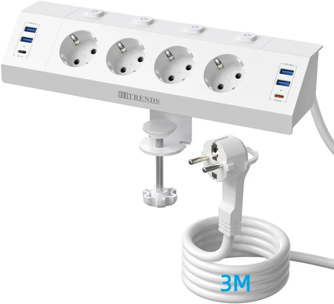 Eu 플러그 데스크탑 클램프가 포함된 다기능 전원 스트립 AC 전원 콘센트 4개 USB-A 4개 USB-C 2개 2미터, 01 3 meters white, 01 4, 01 EU, 1