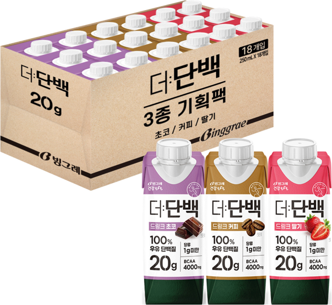 빙그레 더단백 드링크 프로틴음료 3종 혼합(초코6+커피6+딸기6) 총 18개, 초코6+커피6+딸기6, 250ml