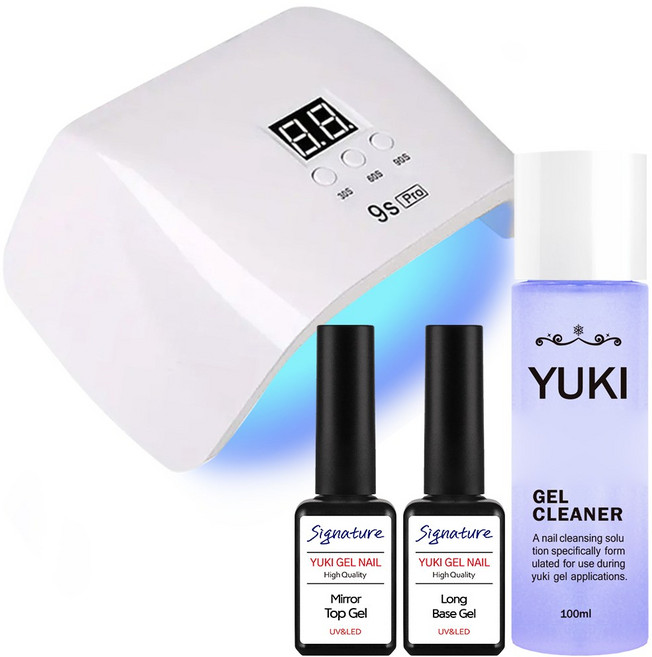 유키 미러탑젤7g+롱베이스젤7g+젤클리너100ml+120W 프로젤램프 투명 젤네일 세트, 프로젤램프 투명 젤네일 100ml세트, 1세트