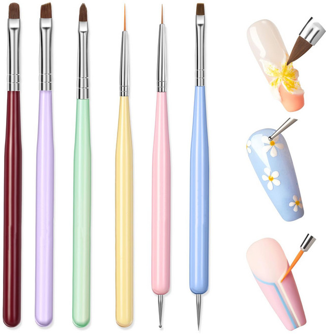 네일 아트 브러시 네일 에나멜 브러시가 포함된 6피스 네일 디자인 브러시, 1개, 다색