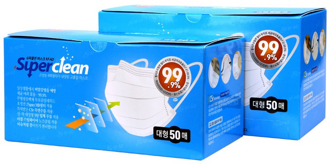 비말차단 마스크 대형 3Q KFAD 슈퍼클린, 2개, 화이트, 50개입