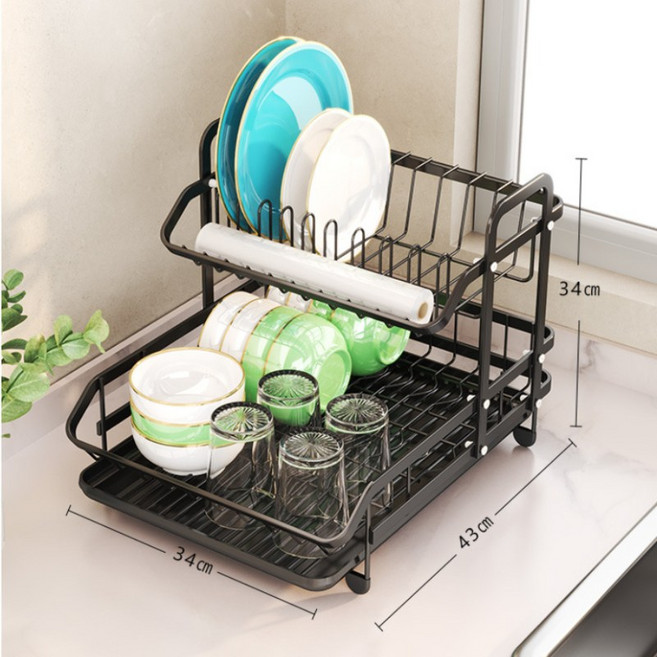 2단 설거지 건조대 주방 그릇 컵 정리 선반 싱크대 물받이 수납랙, 블랙, 1개