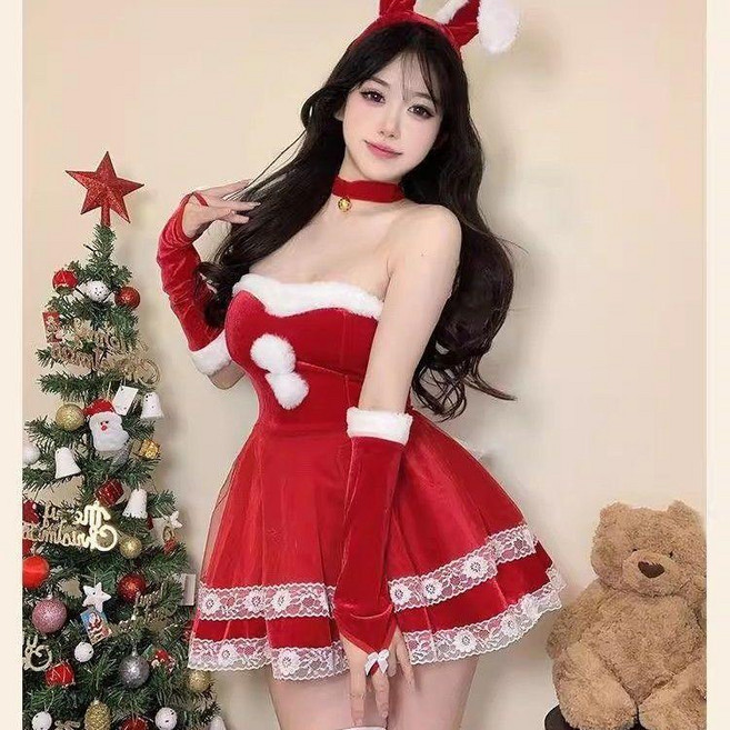 優選 連衣裙性感秋冬聖誕節新年禮服蓬蓬裙氣質名媛 副廠產品, 紅色六件套+黑絲,XL 建議62.5-67.5公斤, 紅色, 六件套+黑絲