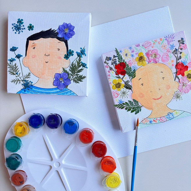 생화 압화 꽃 명화 얼굴 캔버스 꾸미기 만들기 DIY 액자, 파란압화 1개+얼굴꾸미기