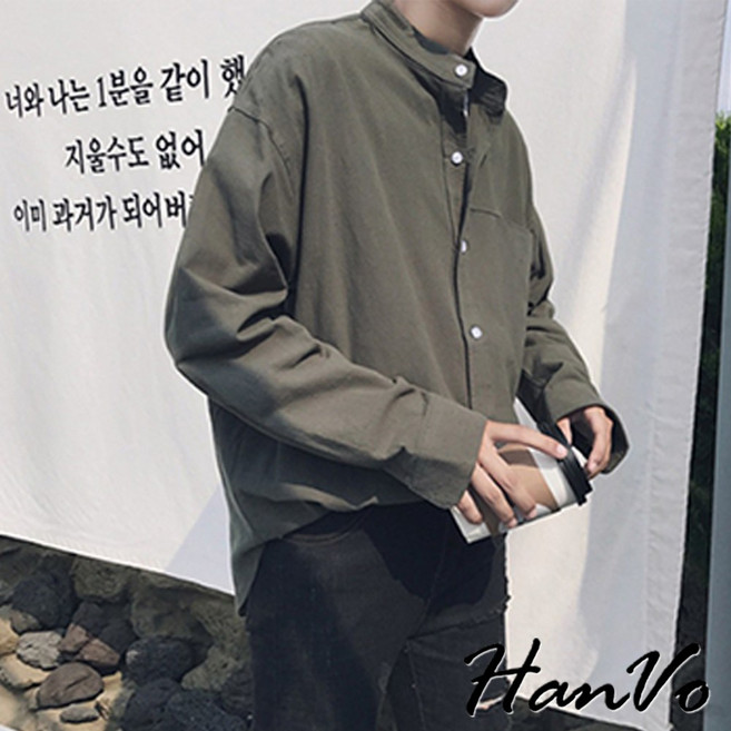 HanVo 男款簡約立領工裝襯衫外套 百搭潮流舒適襯衫 韓系休閒日常男生衣著 B02-2015