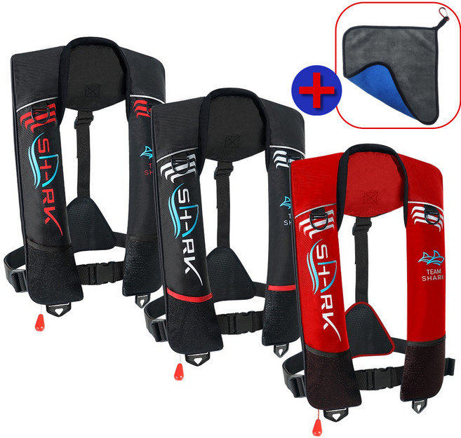 샤크 기본형 자동팽창식 구명조끼 KC인증 FREE 사이즈 국내생산 수분감지 바다낚시, Black&Red