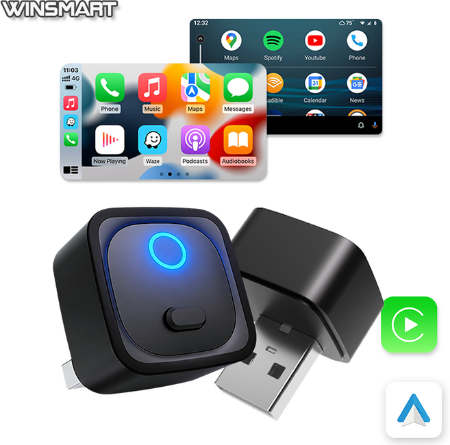 winsmart 스마트 카플레이 안드로이드오토+애플카플레이 무선 호환 네비게이션 미러링 자동차 미니 어댑터, 암야 블랙, CA525