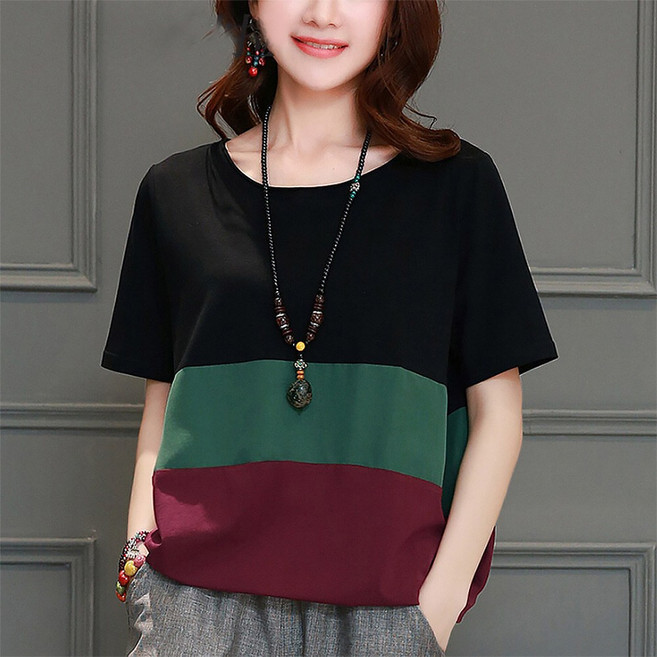 Vezri 중년여성용 여름 편안한 루즈핏 빅사이즈 반팔 티셔츠