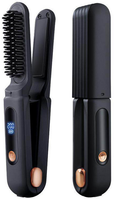 無線直髮梳夾板二合一 負離子充電迷你便攜式捲髮棒 養髮梳 離子梳, 1個, 黑色[直捲兩用]陶瓷塗後*三檔調整, 黑色