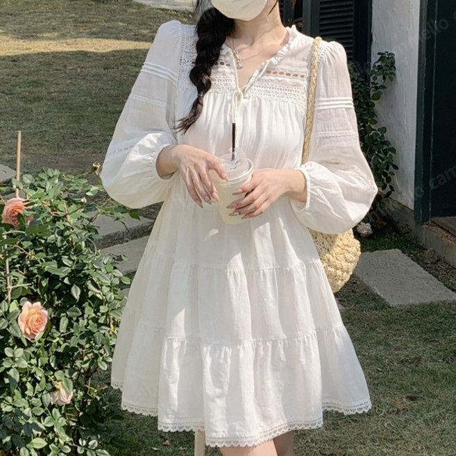 cammello 히피 화이트 펀칭 레이스 미니원피스 봄가을 빈티지 캉캉 원피스 휴양지룩
