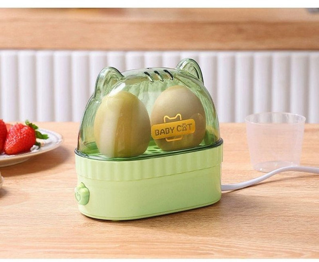 일본 2구 계란 달걀 삶는 반숙 기계 찜기 에그 반숙기, 스팀 에그 메이커 - 고양이 귀 소나무 그린, 스팀 에그 메이커 - 고양이 귀 소나무 그린