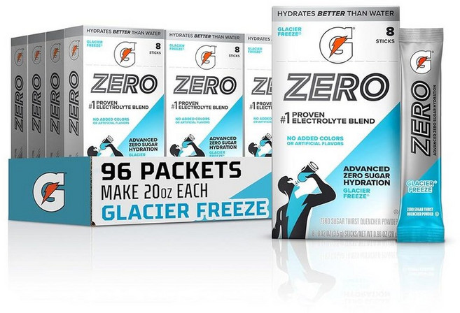 Gatorade Zero Sugar 전해질 파우더 드링크 믹스 오렌지 (96회분) 인공 향료 없음 색상 무첨가 무설탕 스포츠 음료 수분 공급 음료 141774, Glacier Freeze, 3.1g