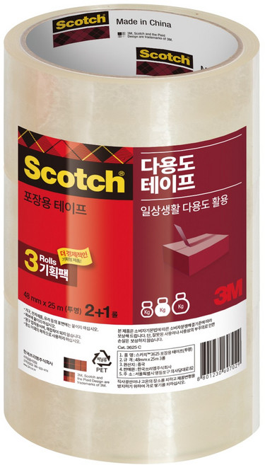 3M 스카치 포장용 박스테이프(강력) 3625V 2+1롤 투명(48X25M), 1개