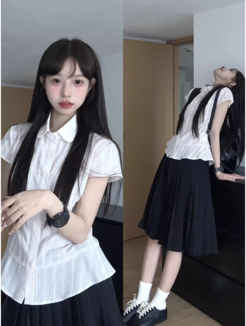 條紋收腰短袖襯衫女 夏季韓系甜美設計感修身襯衫上衣