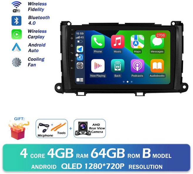 안드로이드 16 도요타 시에나 XL30 2010-2014 블루투스 분할 화면 GPS 네비게이션 무선 카플레이 자동 멀티미디어 플레이어 WIFI, B 4G 64G CAM