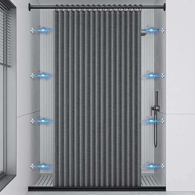 Alemon 자동접힘 욕실샤워커튼+ 양쪽 초강력 자석 방수 건습분리, 블랙* 120*200cm * 1세트, 1개