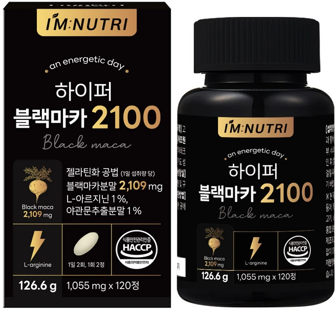 아임뉴트리 하이퍼 블랙마카 2100 젤라틴화 공법 페루 블랙마카, 120정, 1개 - 쿠팡