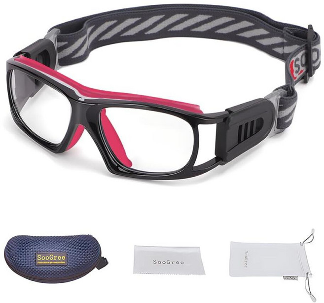 SooGree 성인용 스포츠 고글 투명 프레임 블루 패드 김 서림 방지 방풍 농구 축구 축구 라켓볼 교체 가능한 렌즈, 블랙 프레임 레드 패드, 1개