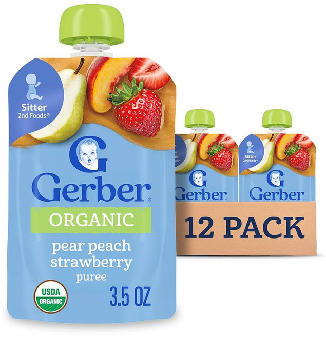 거버 2단계 이유식 피어 피치 스트로베리 퓨레 Gerber Stage 2 Baby Food Organic Pear Peach, -