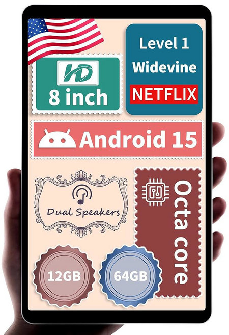 HAOVM 2025 안드로이드 15 태블릿 M8 8인치 8 코어 CPU 12GB+64GB 2TB 확장형 HD IPS 디스플레이 Wi-Fi 6 BT5.4 5MP+8MP, Black
