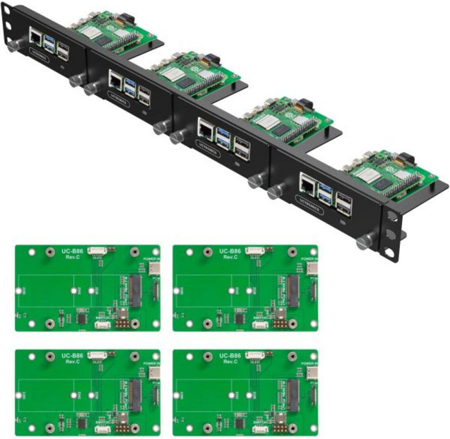 1U 랙 마운트 라즈베리 파이 5용 19인치 서버 5개의 PCIe에서 M.2 NVMe SSD 어댑터 포함 최대 5개 Pi 5 지원 USA, 라즈베리 파이 5 19인치 서버 랙용 UCTRONIC, 1개