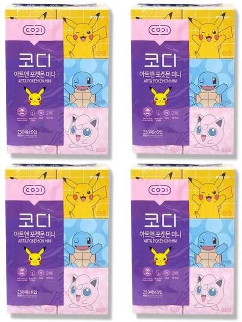 코디 미니 갑티슈 각티슈 쌍용씨앤비 포켓몬 천연펄프 230매 6입 4팩, 단일수량