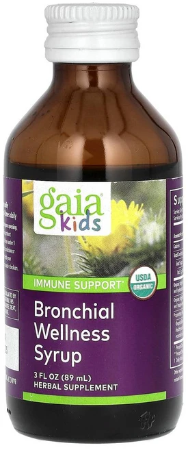 Gaia Herbs Bronchial Wellness Kids 가이아 허브 고흡수 어린이 기관지 시럽 동결건조 질경이 그린델리아 헬리크리섬 레몬 오렌지 함유 액상 액체 89ml, 1개 - 쿠팡