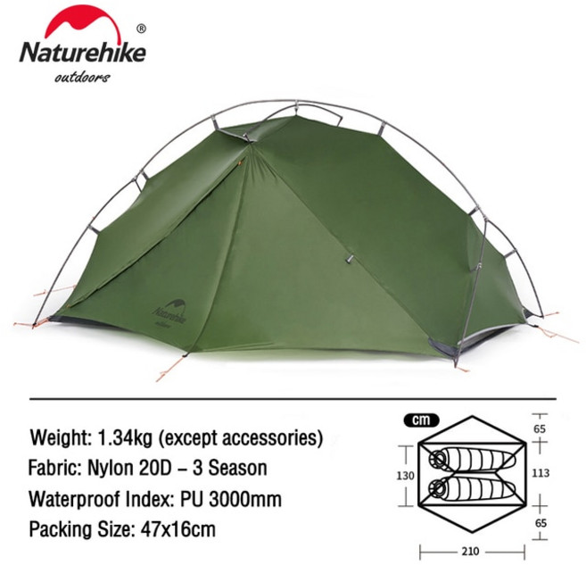 경량텐트 1인용텐트 소형텐트네이처하이크 텐트 VIK 초경량 단일 방수 캠핑 야외 하이킹 1 인용 2 사람들, 03 2 Person-green-20D, 1개