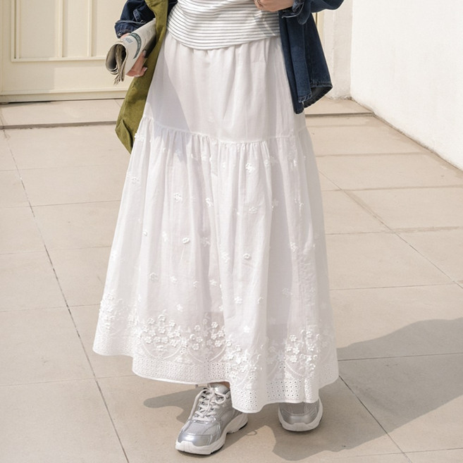 데일리앤 마티네 자수 펀칭 레이스 롱 여름 스커트 밴딩 코튼 아일렛 면 스커트 휴양지 화이트 치마