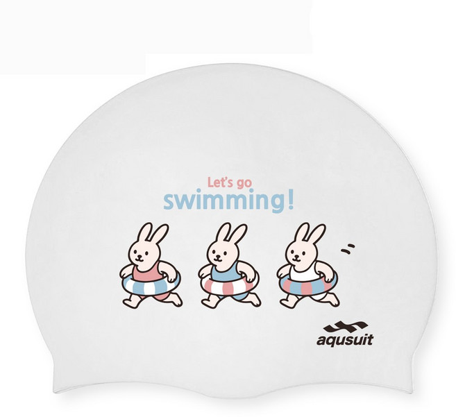 국내생산 아퀴스트 렛츠고스위밍(토끼) 수영 모자 디자인 실리콘 수모, 1개, 화이트