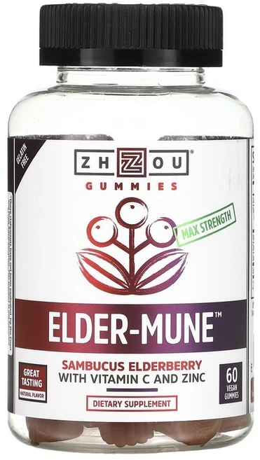 Zhou Nutrition 맥스 스트렝쓰 Elder-Mune 삼부커스 엘더베리 비건 구미젤리 60개, 1개, 60정 - 쿠팡