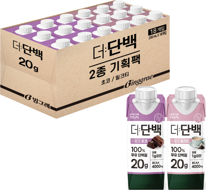 빙그레 더단백 드링크 2종 혼합(초코9+밀크티9) 총 18개, 초코9+밀크티9, 250ml