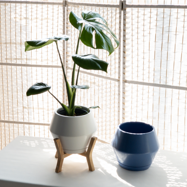 바른화분 유에프오화분 도자기화분 UFO 빈 사기 가벼운 소형 중형 대형 우드스탠드포함, 블랙