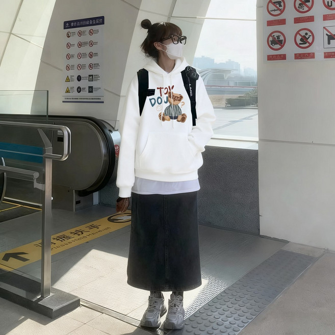 Mars 소프트 귀여운 카툰 베어 레터 프린트 후드티 여성용 - 넉넉 릴렉스 핏 따뜻하고 피부친화적 몸매 보정 무난 코디 인스타 스위티 분위기 소녀심 편안한 질감 상의