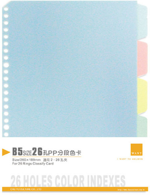 WANT 18K 26孔B5活頁分頁卡 PP材質 台灣製造, 色卡, 1個