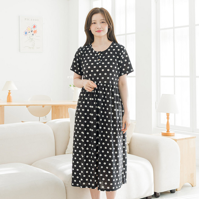 아킵 버튼 반팔 원피스 데일리 홈웨어 냉감 잠옷