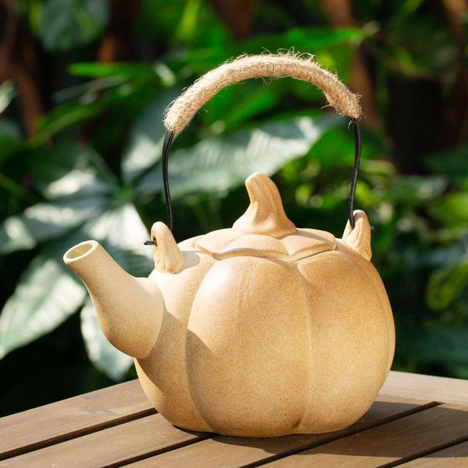 柴燒提樑大肚壺 1000ML大容量陶瓷茶壺附6杯, 1個, （600ml）柴燒提樑南瓜壺, 柴燒, 600ml