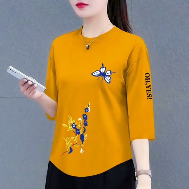 女士七分袖印花T恤 韓版寬鬆顯瘦新款春夏上衣