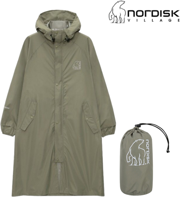 [매장발송] 노르디스크 공용 남성 여성 레인 롱 코트 자켓형 우비 경량 방수 파우치 보관 여름 장마철 캠핑 산행 산책 야외 활동 둘레길 트레킹 하이킹 아웃도어 우의, 1개, K카키