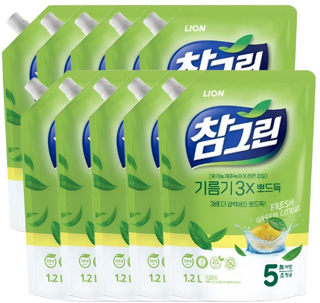 참그린 기름기 3x뽀드득 주방세제 리필, 10개, 1.2L