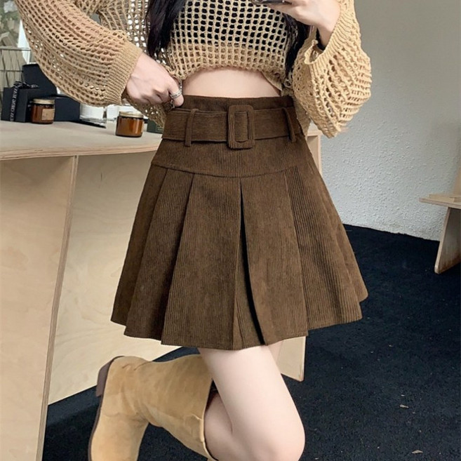 쁘띠꼬모 여성 코듀로이 A라인 플리츠 미니 스커트 코튼 벨트 스커트
