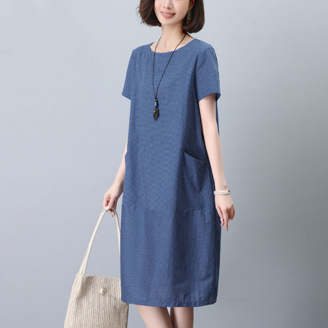 AOKADA 중년 여성 순면 오버핏 라운드 여름 엄마 빅사이즈 원피스