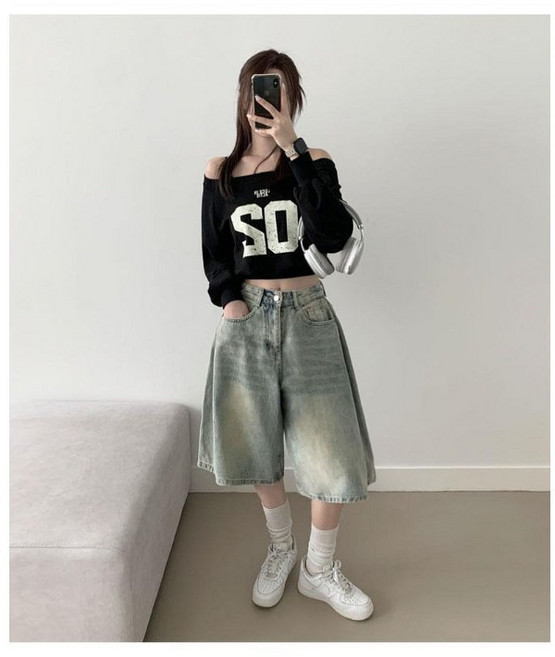 부기샵 카야 5부 데님 사이드핀턱 캣브러쉬 워싱 와이드 버뮤다 팬츠