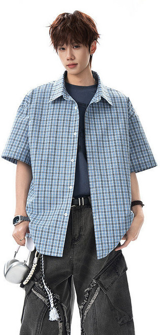 男士休閒夏季寬鬆潮流格子襯衫帥氣痞帥復古時尚日系韓版上衣男士