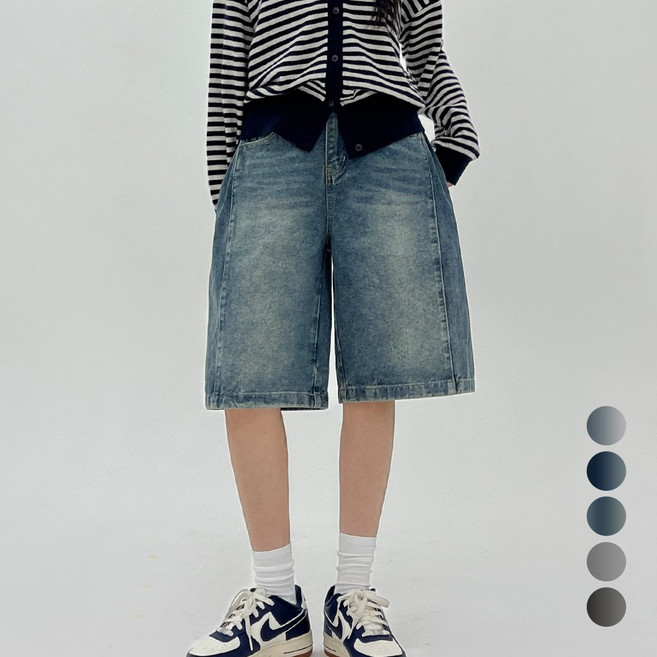코모도 여성 청 반바지 5부 7부 절개 와이드 버뮤다 데님 반바지