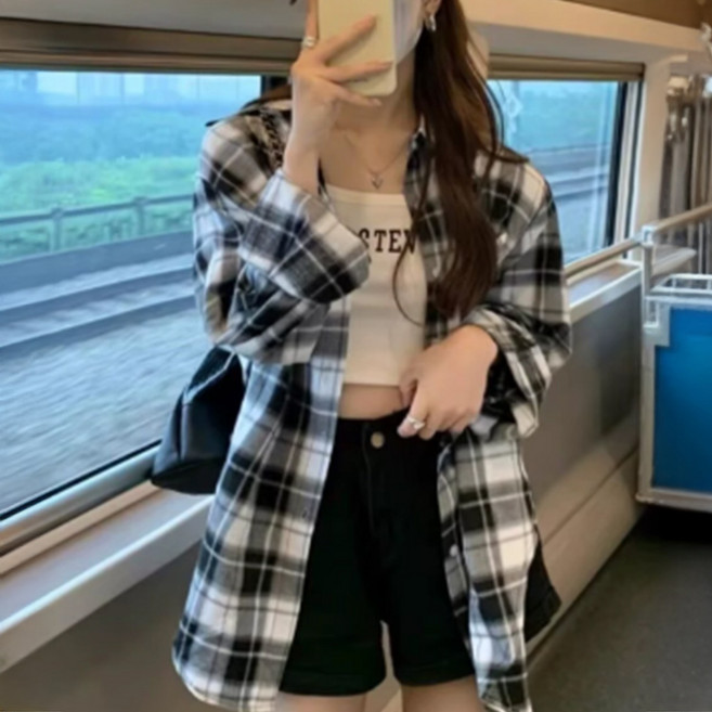 cammello 루즈핏 빈티지 체크 셔츠 간절기 레이어드 긴팔 남방