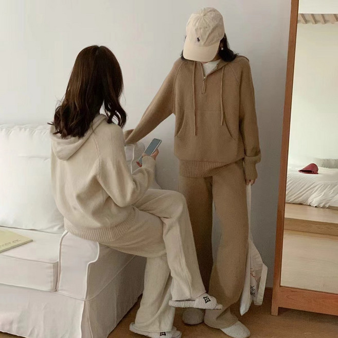 Asure 여자 후드집업 니트 스웨터 하이웨스트 와이드 팬츠 니트셋업