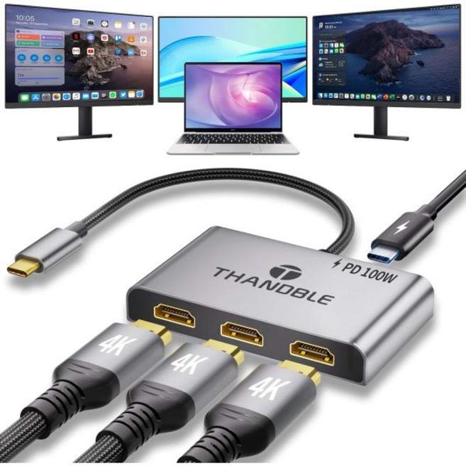 멀티포트 허브 USB C to 3 HDM 어댑터 100W PD 충전 3개 4K60Hz 모니터 확장기 Dell/Surface Pro/HP용 분배기 확장 디스플레이 플러그 앤 플레, THANDBLE USB C to 3 HDMI 어댑터,, 1개