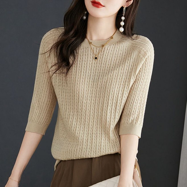 Makone 여성 라인드넥 7부소매 티 꽈배기 스웨터 캐주얼 데일리 니트 티셔츠