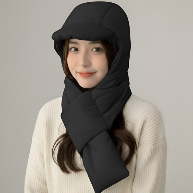 패딩 바라클라바 후드 방한 넥워머, 블랙, 1개